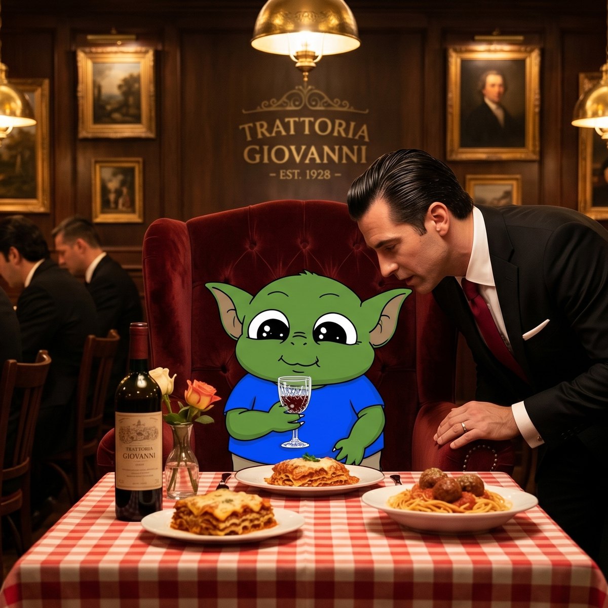 Smol gremlin at dinner being served wine